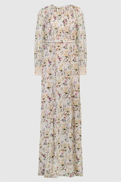 Pleat Round Neck Maxi Dress With Belt