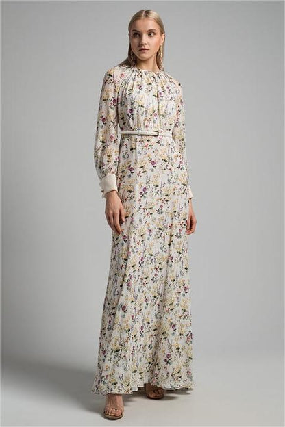 Pleat Round Neck Maxi Dress With Belt