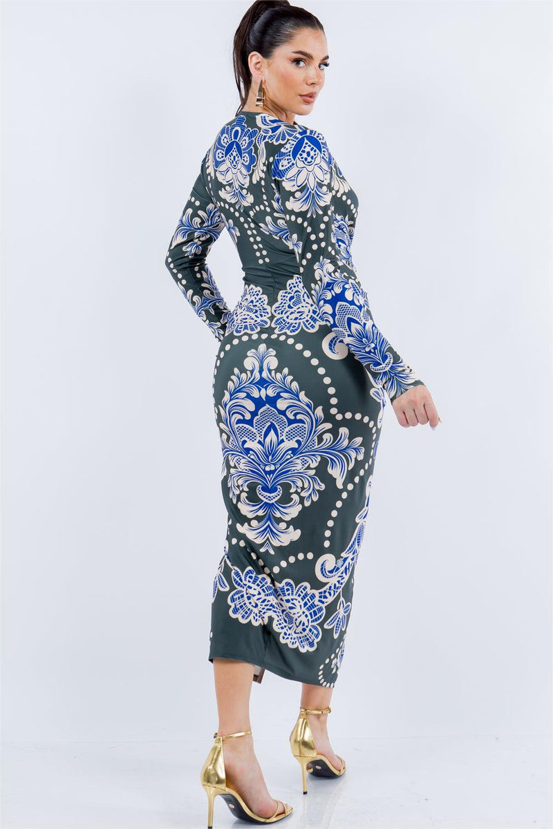 Paisley Print Ruched Long Sleeve Midi Dress