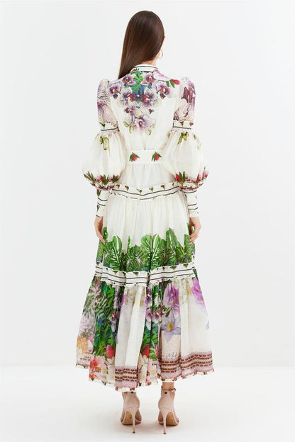 Lantern Sleeve Midi Dress With Belt