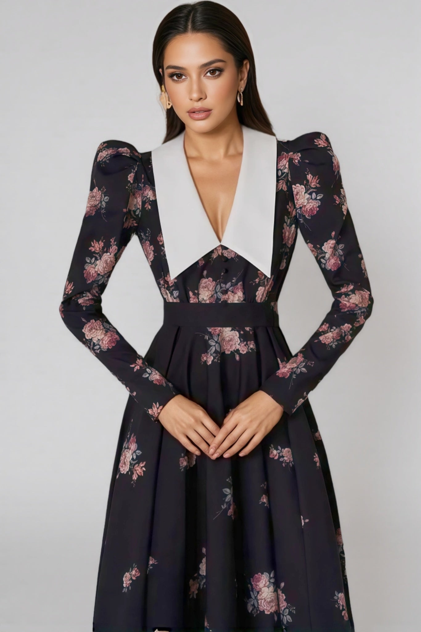 Eamon Contrast Collar Puff Sleeve Midi Dress