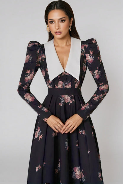 Eamon Contrast Collar Puff Sleeve Midi Dress