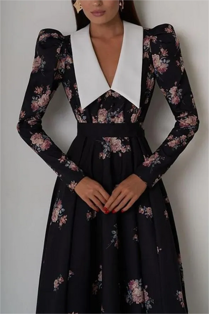 Contrast Collar Puff Sleeve Midi Dress