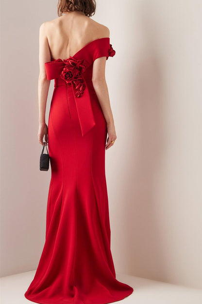 3d Flower Off-shoulder Split Maxi Dress