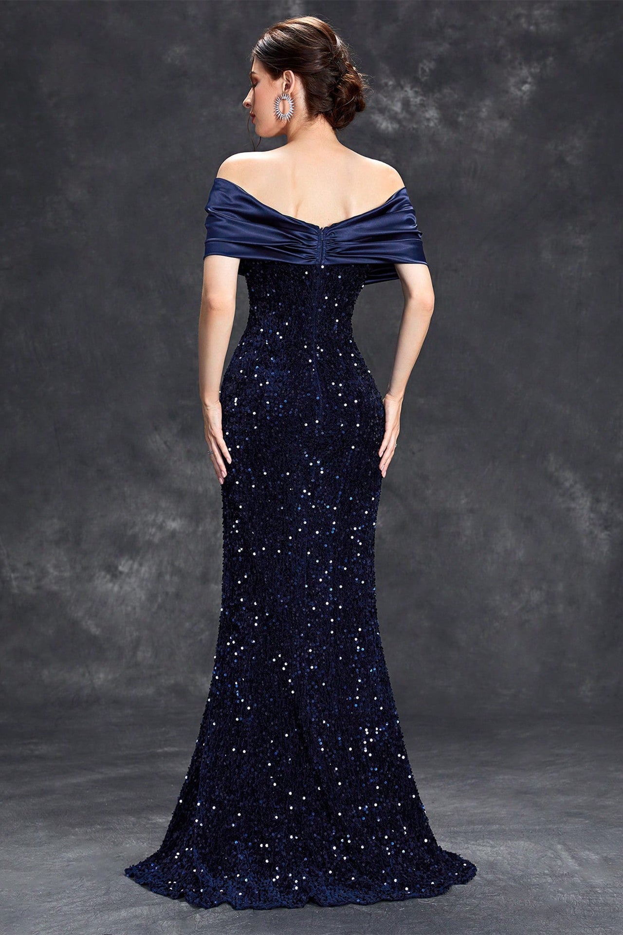 Sequin Satin Off Shoulder Maxi Dress