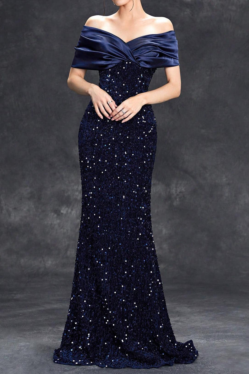 Sequin Satin Off Shoulder Maxi Dress