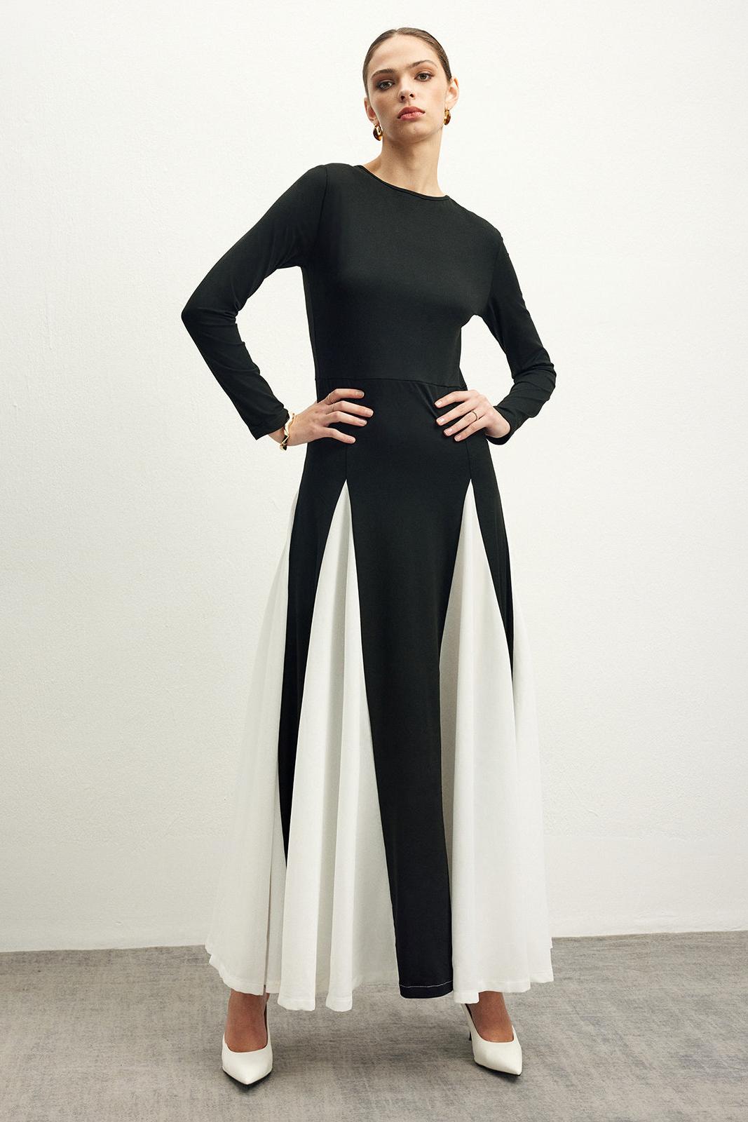 Contrast Color Long Sleeve Midi Dress