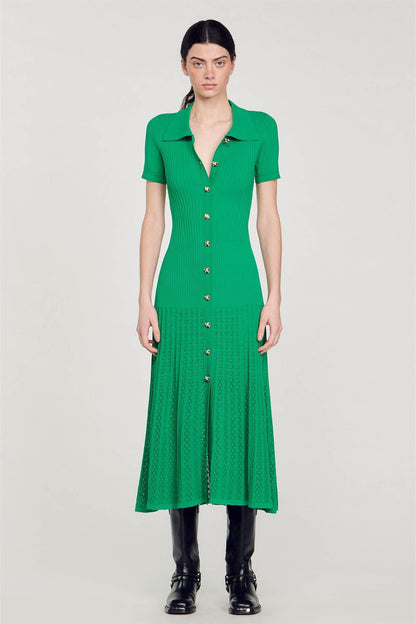 Jersey Flapped Metal Button Midi Dress
