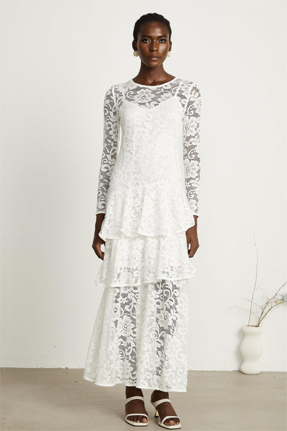 Lace Ruffle Round Neck Midi Dress