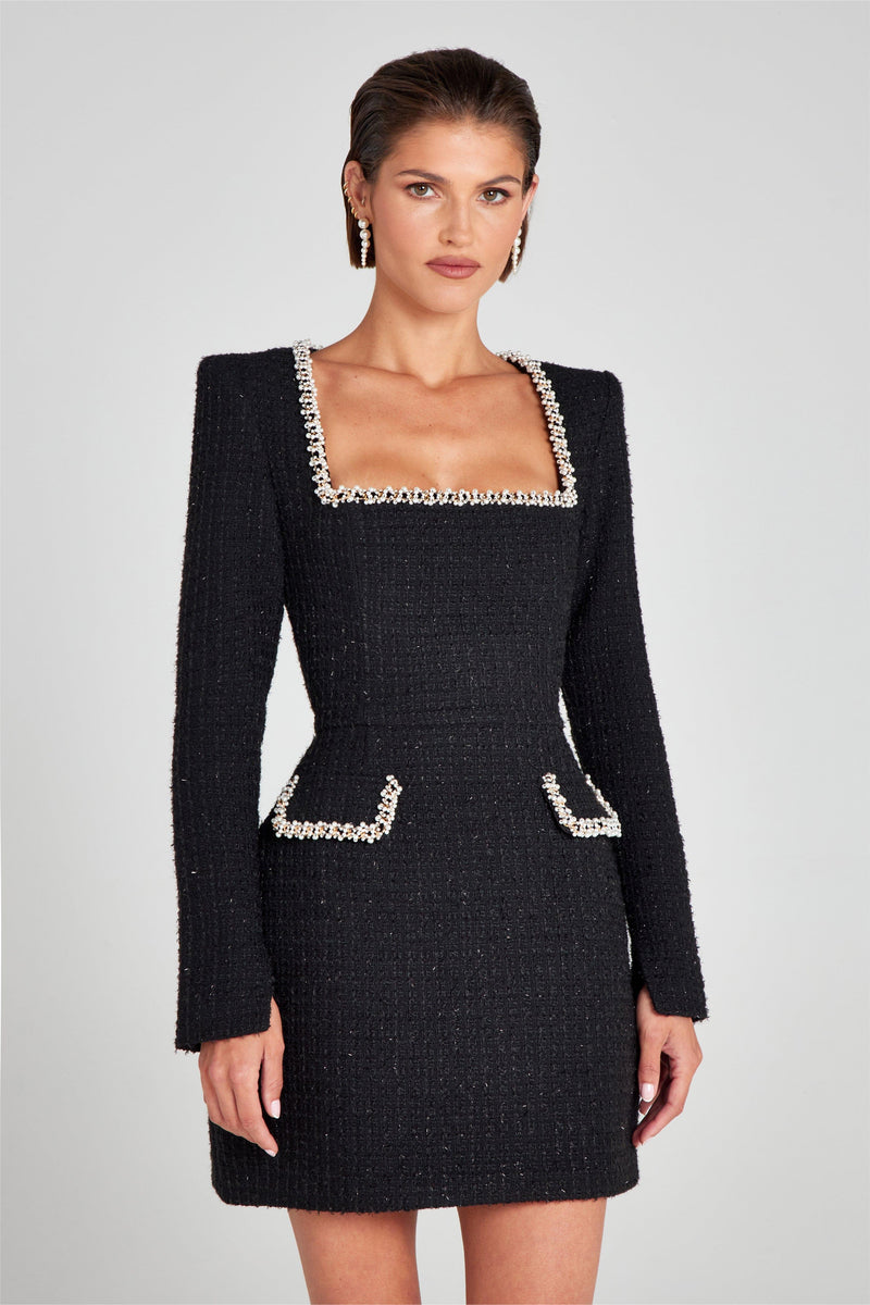 Tweed Square Collar Faux Pearl Mini Dress