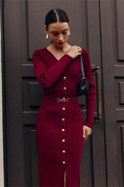 Knit Cable V-neck Mermaid Midi Dress