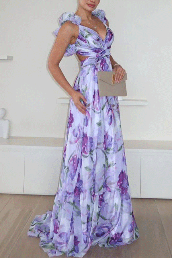 Whimsy Grace Tulle Ruffle Detail Back Lace-up Pleated Maxi Dress
