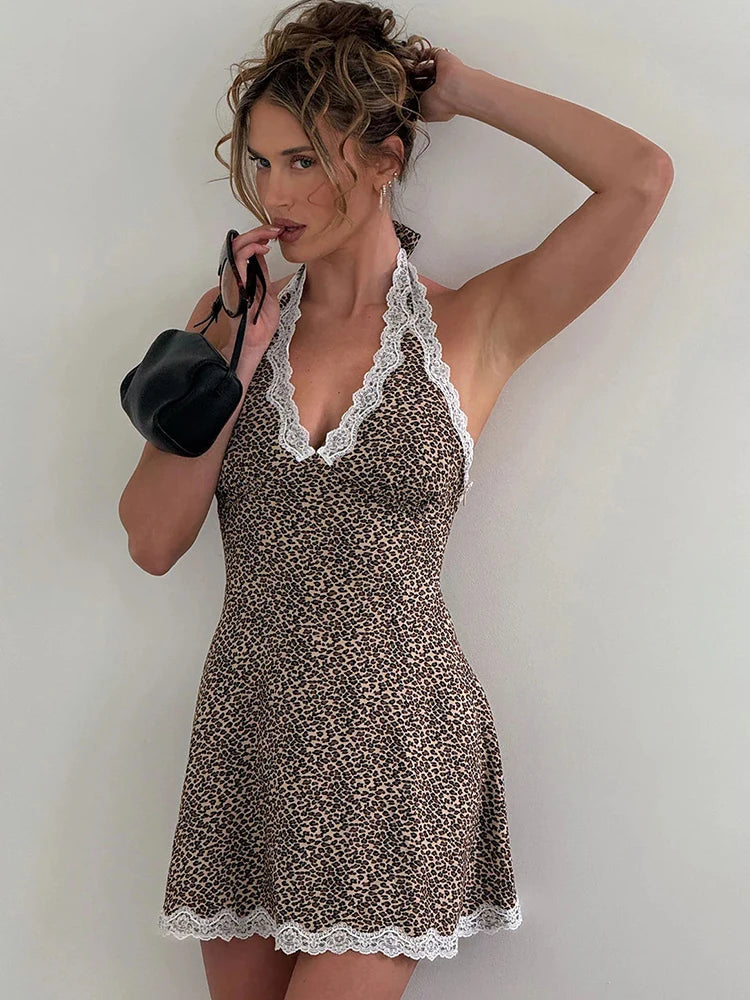 Leopard Patchwork Halter Mini Dress