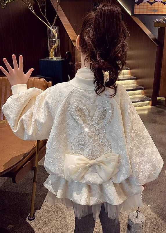 Jacquard Beige Stand Collar Sequins Zippered Kids Coats Fall Qv028