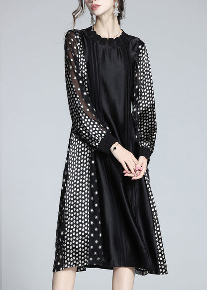 Jacquard Black O-neck Patchwork Dot Party Long Dress Long Sleeve Ly1047
