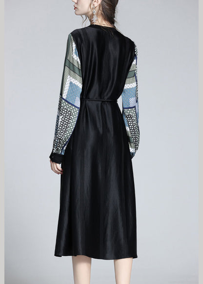 Jacquard Black O-neck Patchwork Dot Party Long Dress Long Sleeve Ly1047