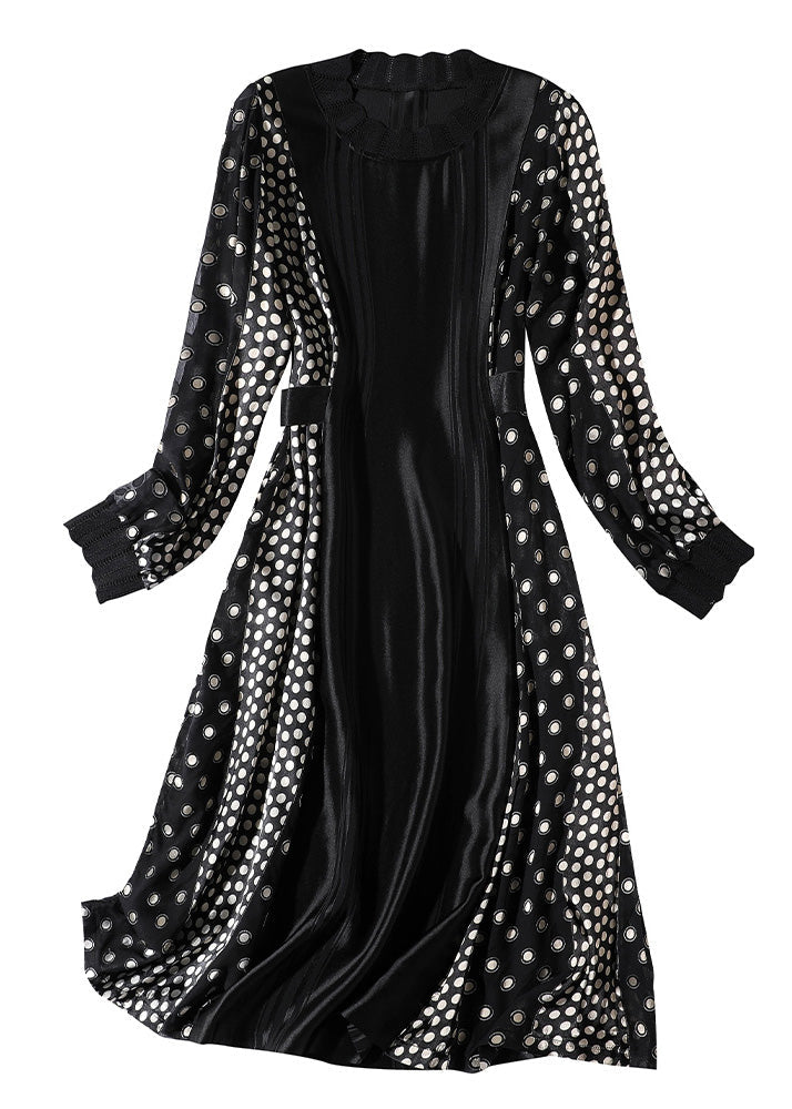 Jacquard Black O-neck Patchwork Dot Party Long Dress Long Sleeve Ly1047