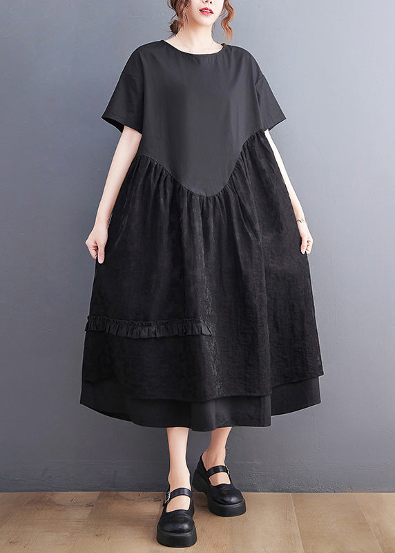 Jacquard Black Patchwork Wrinkled Maxi Dresses Summer Ac2068
