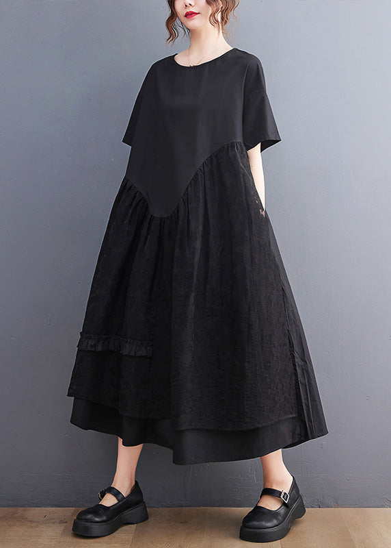 Jacquard Black Patchwork Wrinkled Maxi Dresses Summer Ac2068