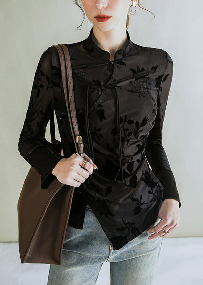 Jacquard Black Stand Collar Button Tulle Blouses Al1045