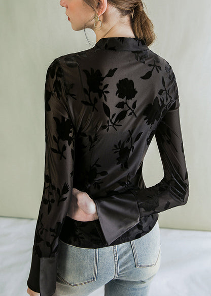 Jacquard Black Stand Collar Button Tulle Blouses Al1045