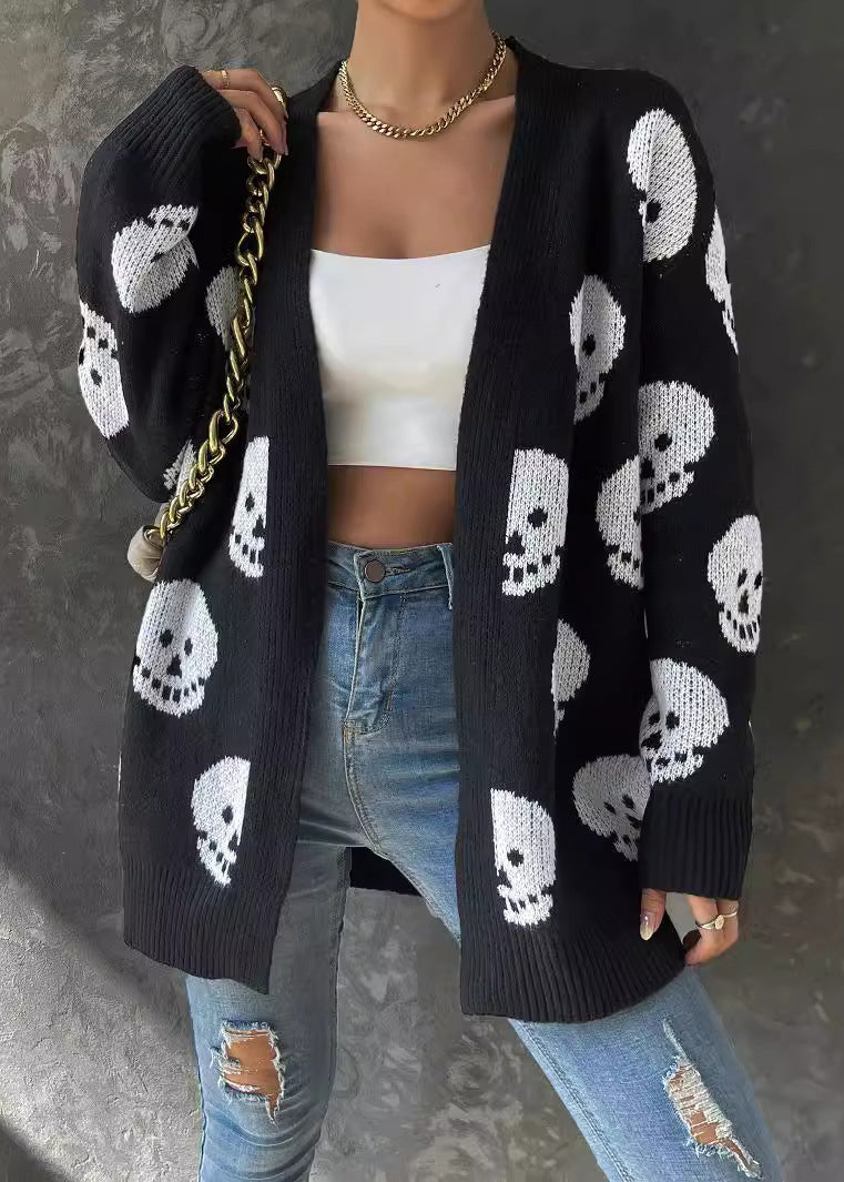 Jacquard Black V Neck Cozy Knit Cardigans Long Sleeve Ae1016