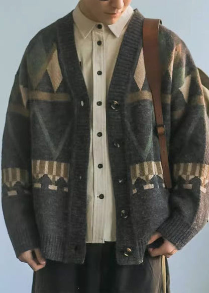 Spring Dark Gray Neck V Knit Jacquard Coat Button
