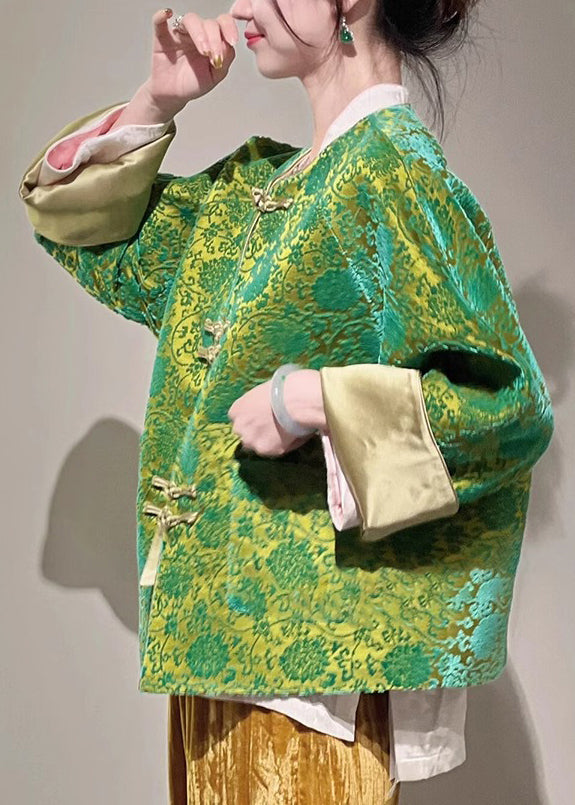 Jacquard Green Button Pockets Silk Blouse Long Sleeve Qa1093