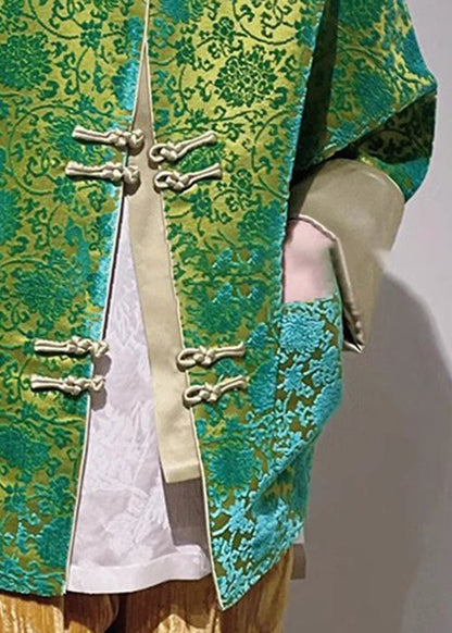 Jacquard Green Button Pockets Silk Blouse Long Sleeve Qa1093