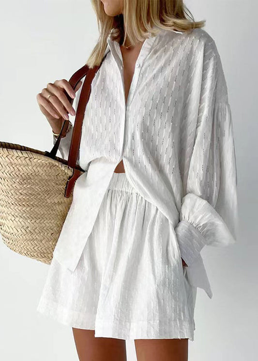 Jacquard White Peter Pan Collar Button Cotton Shirt and Shorts Two Piece Set Summer Ly1966