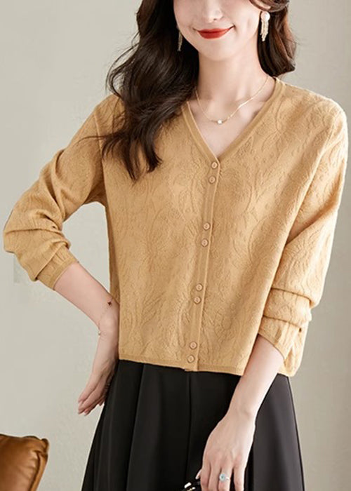 Jacquard Yellow V Neck Button Knit Cardigan Fall Qs006