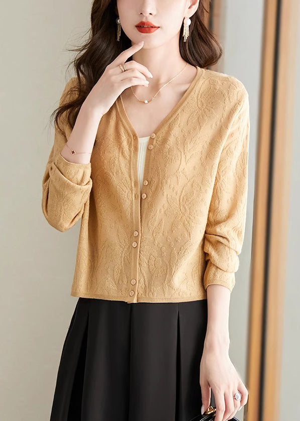 Jacquard Yellow V Neck Button Knit Cardigan Fall Qs006