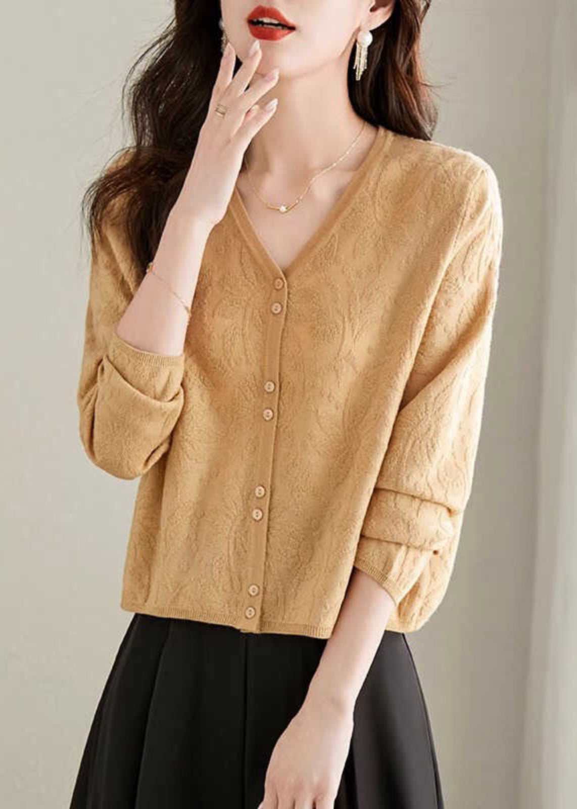 Jacquard Yellow V Neck Button Knit Cardigan Fall Qs006