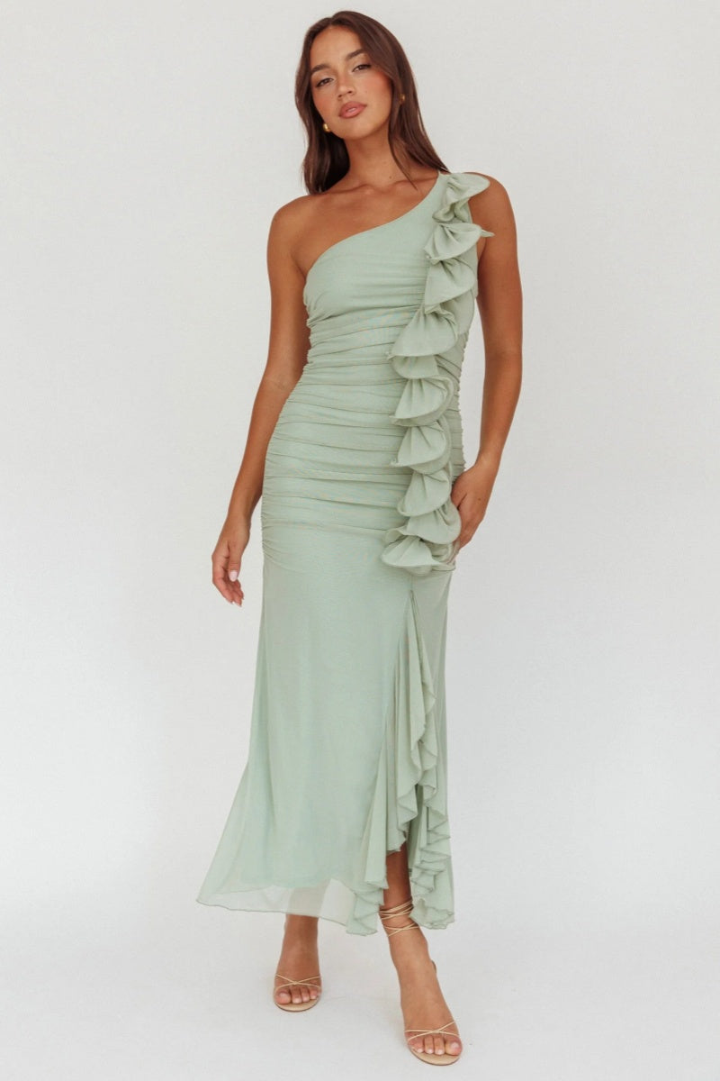 Haven One-shoulder Ruffle Accent Maxi Dress Sage