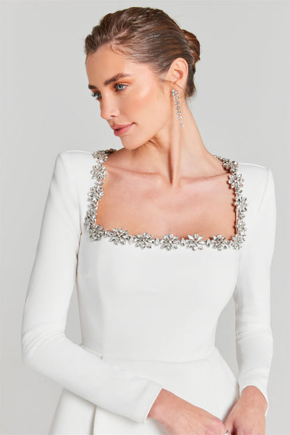 Alexia Square Collar Rhinestone Trim Mini Dress