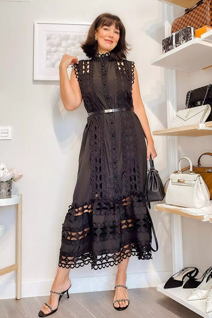 Kennedi Sleeveless Hollow Maxi Dress-black