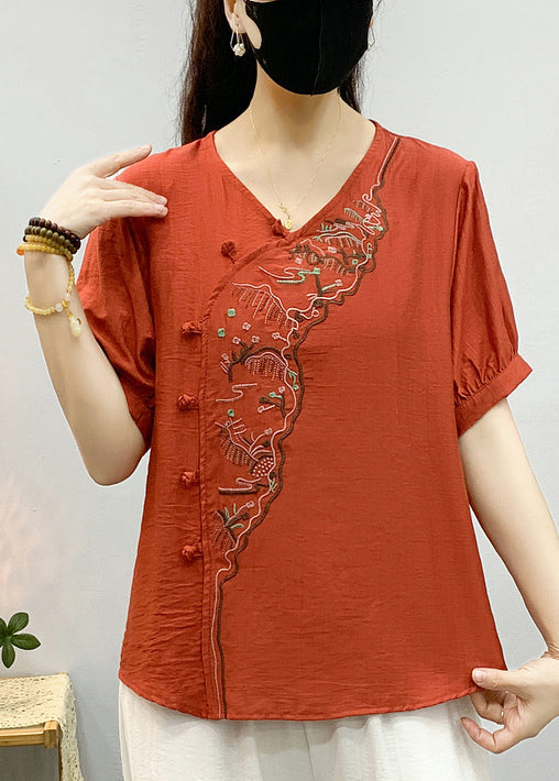 Khaki Embroidered Linen Blouse V Neck Short Sleeve Re044