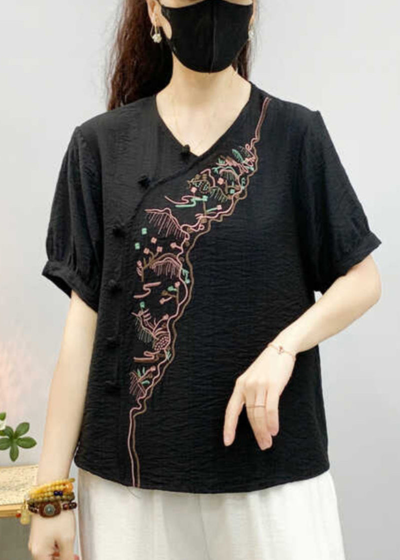Khaki Embroidered Linen Blouse V Neck Short Sleeve Re044