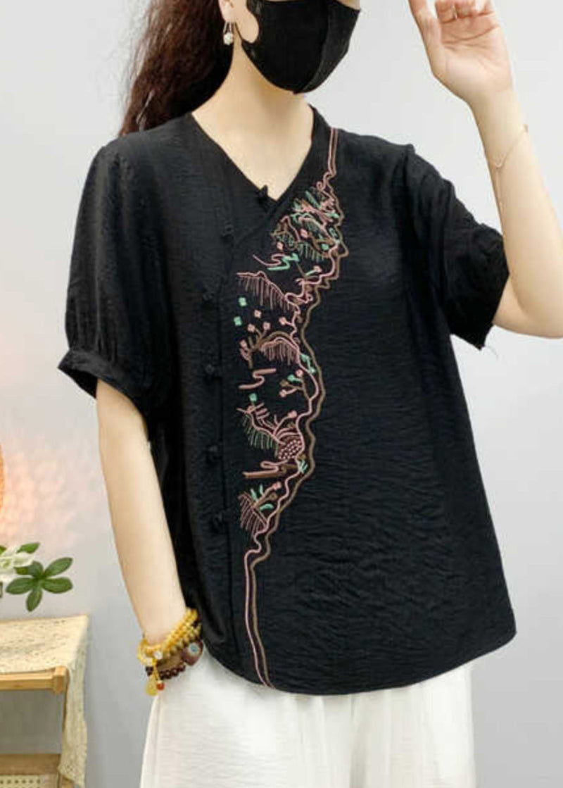 Khaki Embroidered Linen Blouse V Neck Short Sleeve Re044