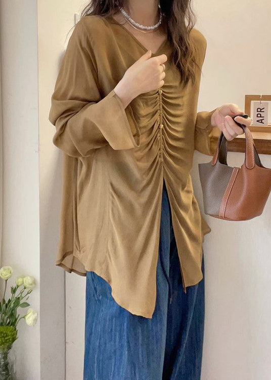 Khaki Front Open Cotton Fall Blouses V Neck Qf056