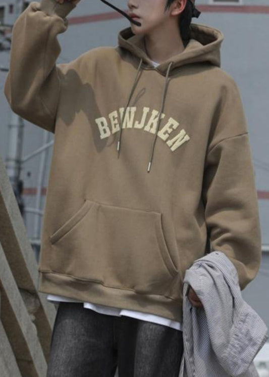 Khaki Letter Pockets Cotton Sweatshirts Hooded Spring Yq032