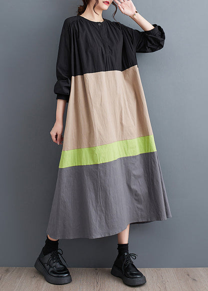 Khaki Loose Patchwork Cotton Long Dresses O Neck Fall Qa045
