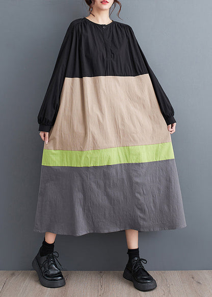 Khaki Loose Patchwork Cotton Long Dresses O Neck Fall Qa045