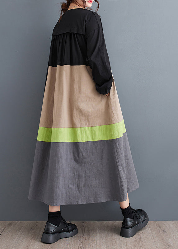 Khaki Loose Patchwork Cotton Long Dresses O Neck Fall Qa045