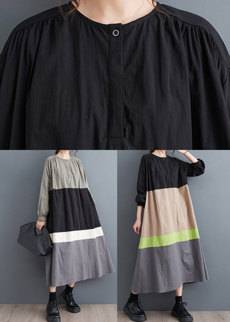 Khaki Loose Patchwork Cotton Long Dresses O Neck Fall Qa045