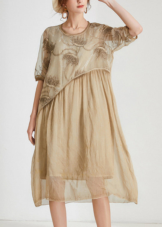 Khaki Patchwork Chiffon Long Dresses O Neck Short Sleeve Ab1027