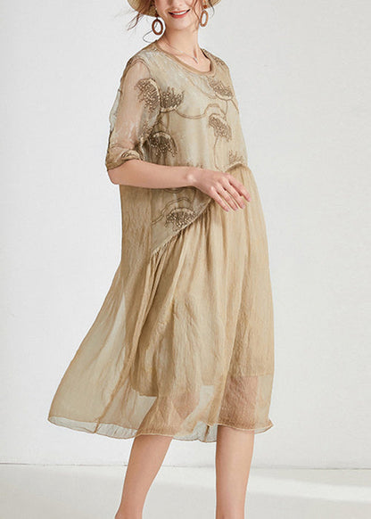 Khaki Patchwork Chiffon Long Dresses O Neck Short Sleeve Ab1027
