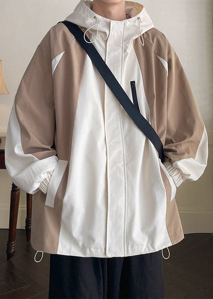 Coat Khaki Patchwork Hooded Spring Pockets Cotton Zippered