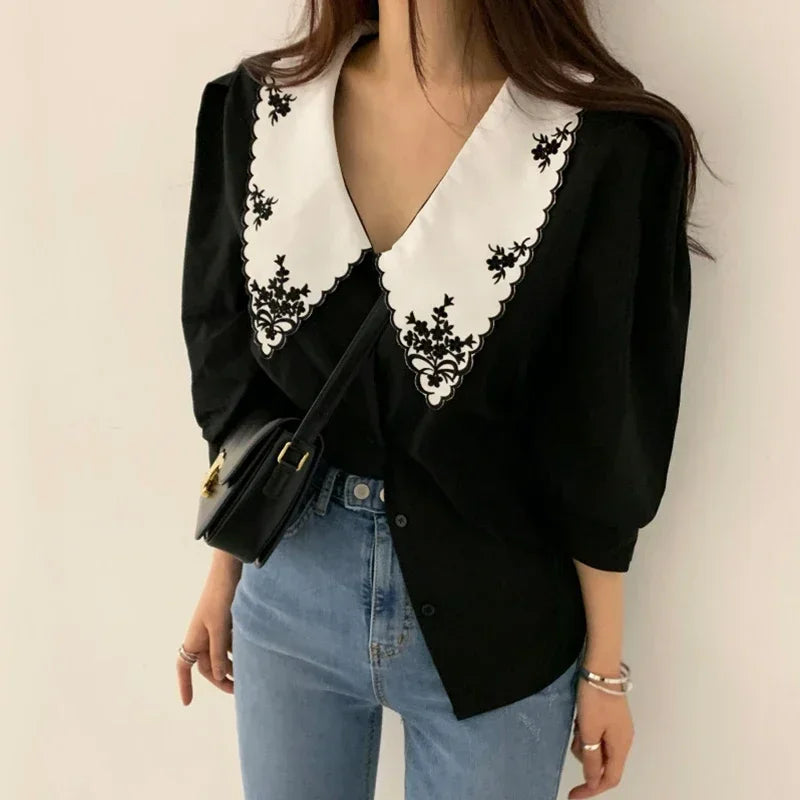 Puff Long Sleeve Embroidery Blouse