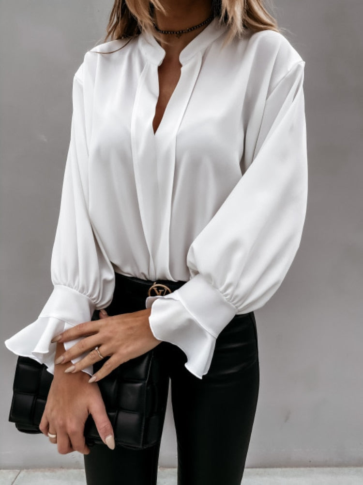 Korean Summer Blouses Woman Color Versatile Lapel Long Sleeve Tops